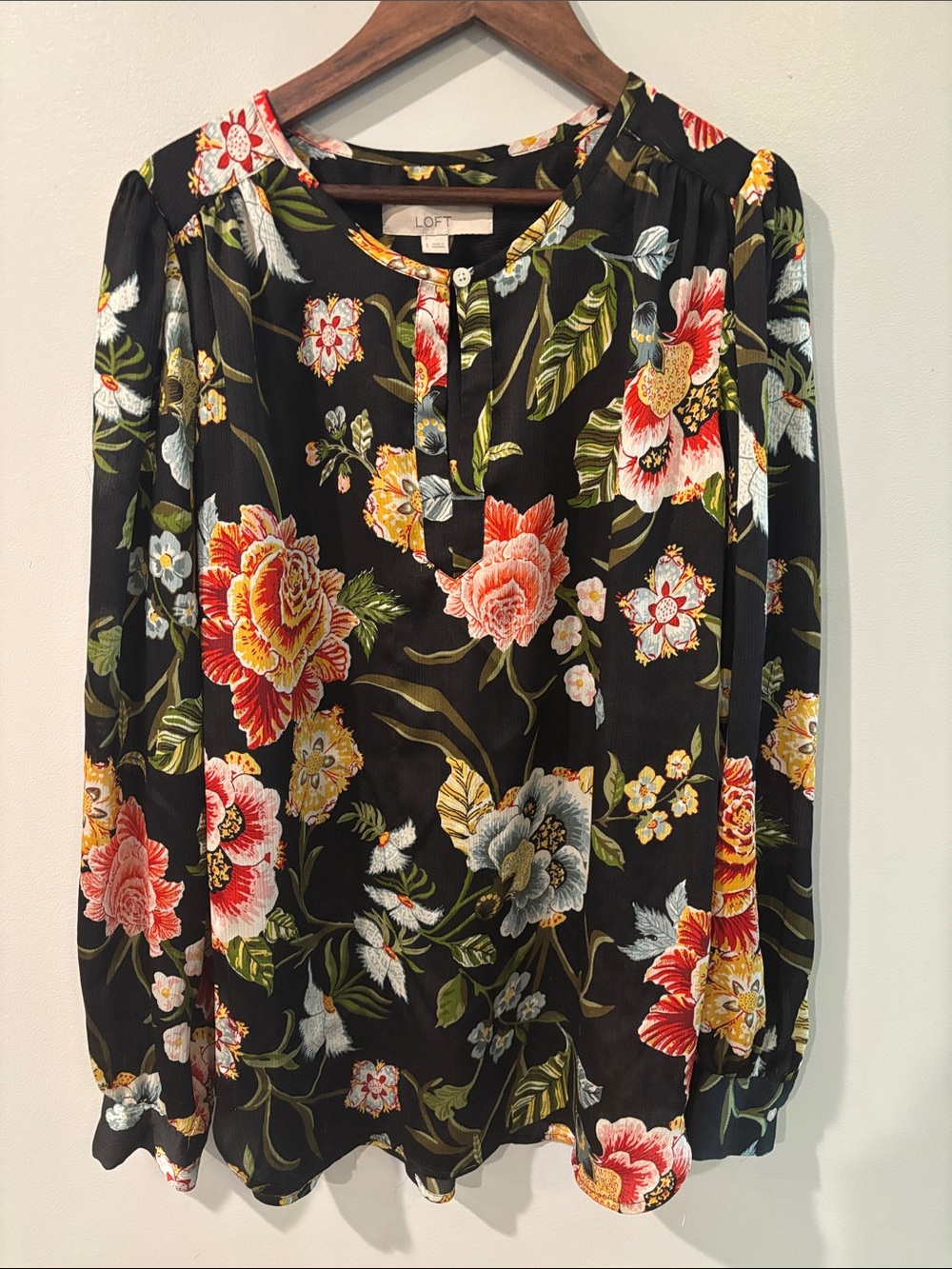 LOFT Black Floral Notch-Neck Long Sleeve Blouse